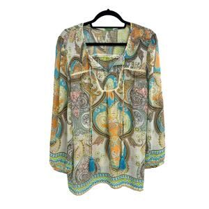 Jade Melody Tan Multicolor Paisley Mixed Print Long Sleeve Top Womens Large